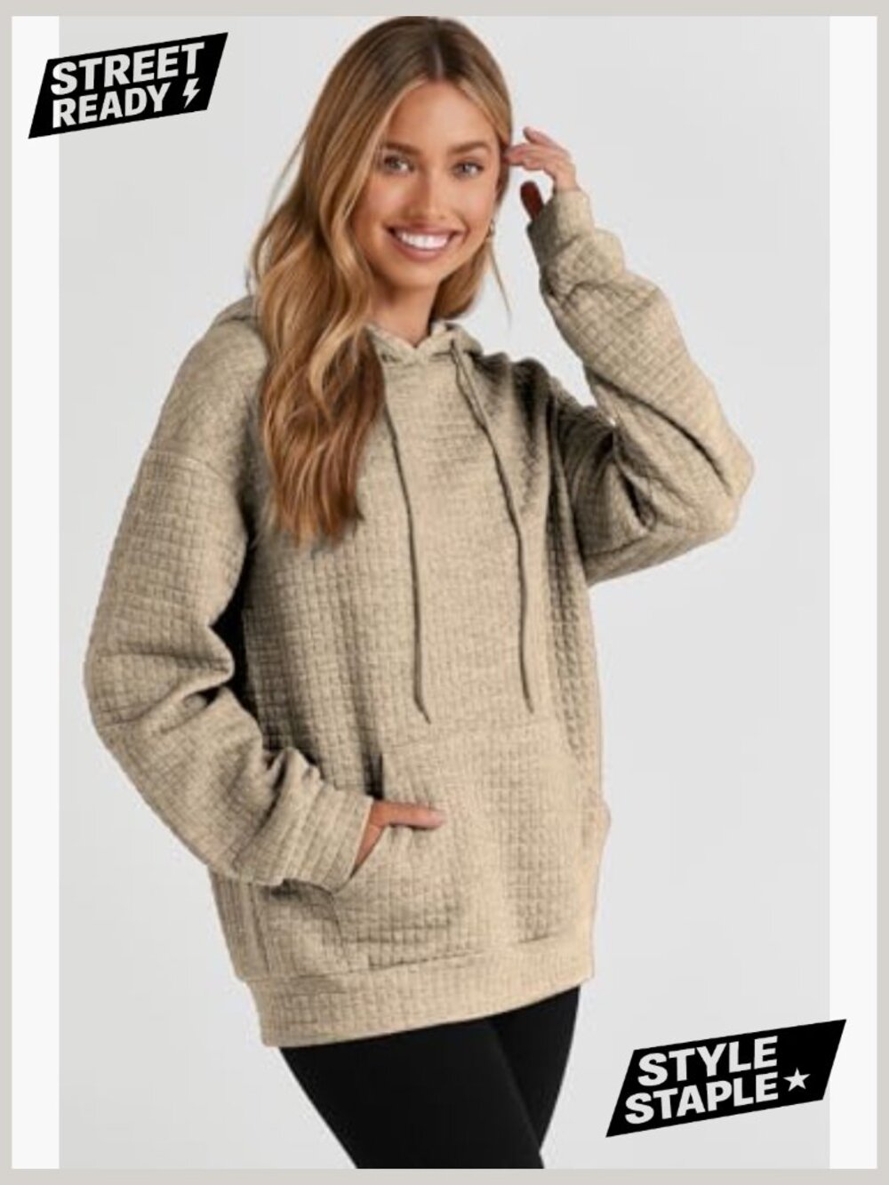 Womens Oversized Hoodie Drawstring Waffle Pullover Sweatshirt with Pocket - Picture 4 of 7